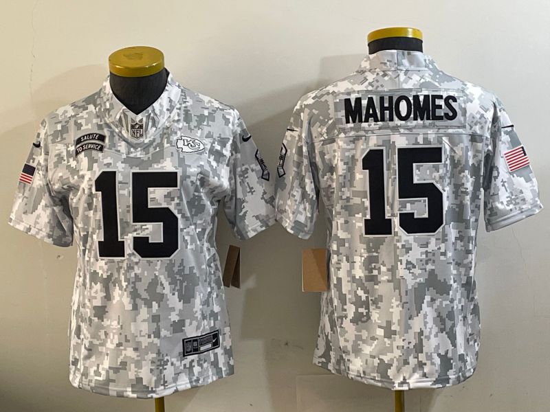 Youth Kansas City Chiefs #15 Mahomes Nike Arctic Camo 2024 Salute to Service Limited NFL Jersey